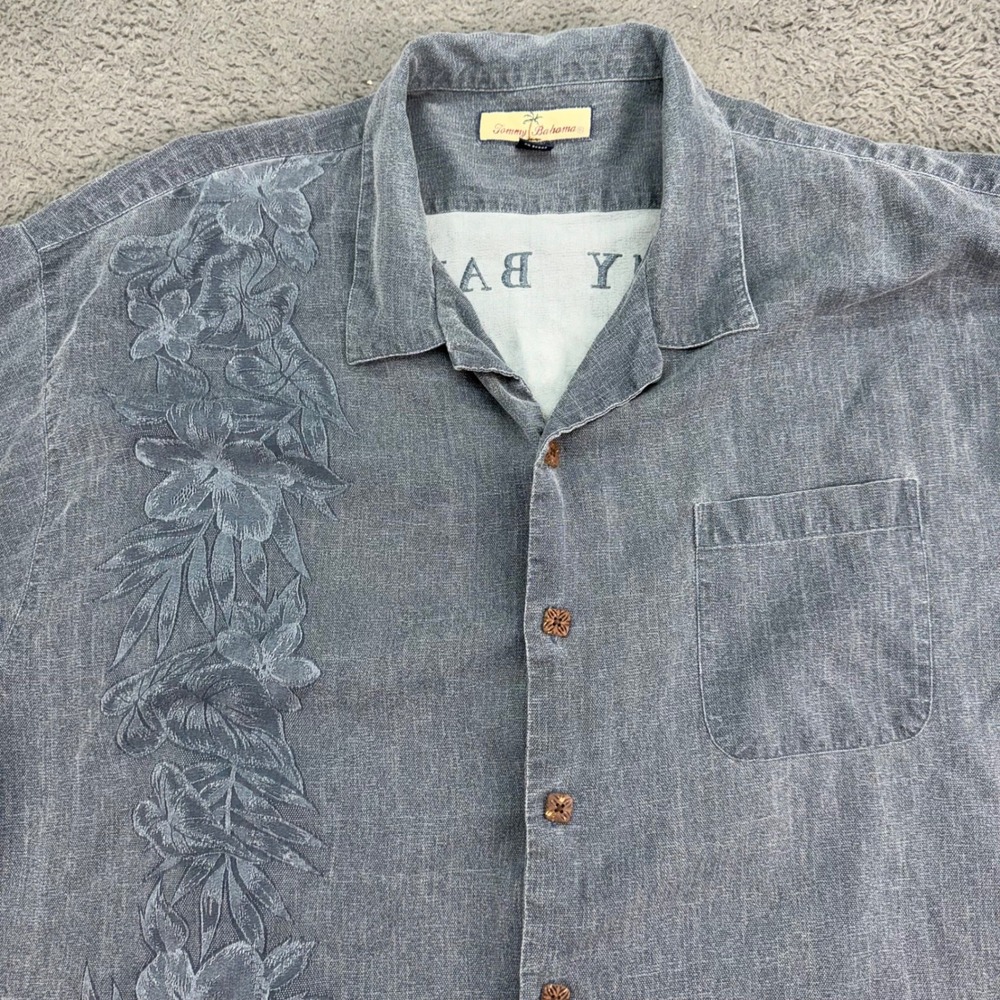 Tommy Bahama Shirt Mens XXL Blue Gray 100% Silk Embroidered Hula Girl Tropical